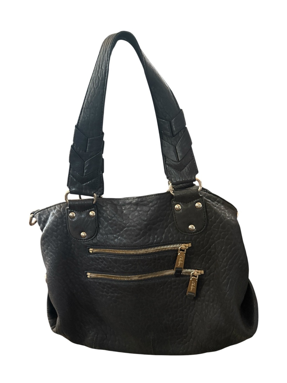 Cole Haan Black Pebbled Textured Leather Shoulder Bag with Gold Zippers